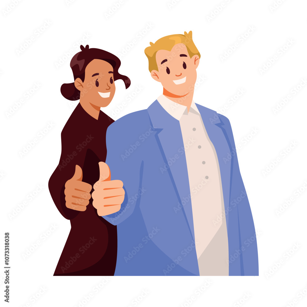 Poster man and woman character showing thumb up hand gesture expressing emotion with body language vector i