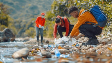 A group of young volunteers works diligently by a river, collecting plastic waste and litter into recyclable bags.
