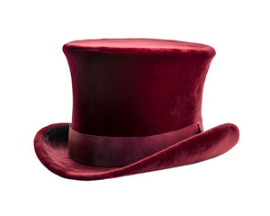 A stylish red velvet top hat with a wide brim, perfect for formal occasions or theatrical performances. Isolated on a white background for a classic and elegant appearance.