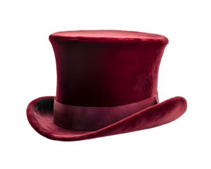 A stylish red velvet top hat with a wide brim, perfect for formal occasions or theatrical performances. Isolated on a white background for a classic and elegant appearance.