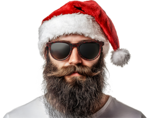 A stylish man with a full beard wearing sunglasses and a Santa hat, creating a festive and modern holiday vibe against a white isolated background.
