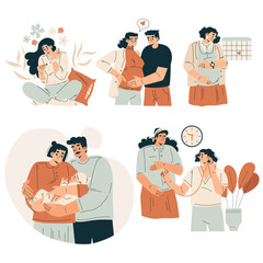 Pregnancy Planning with Young Man and Woman Engaged in Prenatal Care Vector Set