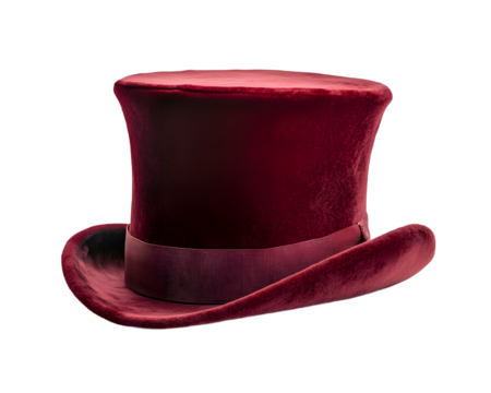 A stylish red velvet top hat with a wide brim, perfect for formal occasions or theatrical performances. Isolated on a white background for a classic and elegant appearance.