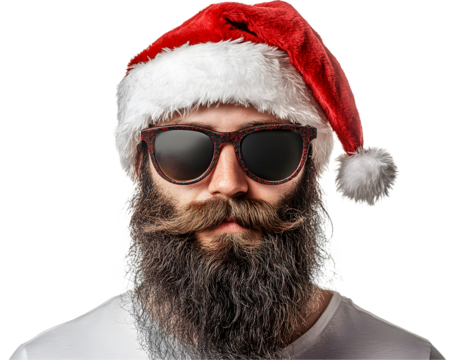 A stylish man with a full beard wearing sunglasses and a Santa hat, creating a festive and modern holiday vibe against a white isolated background.