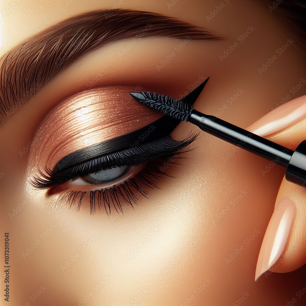 Poster detailed view of applying liquid eyeliner with a winged tip