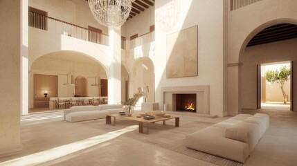 Fototapeta premium Luxurious Modern Spanish Living Room with High Ceilings, Statement Chandelier, and Cozy Fireplace Surrounded by Contemporary Furniture and Bold Artwork for a Stunning Visual Impact