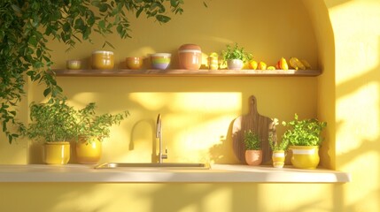 Warm and Inviting Sunlit Spanish Kitchen with Colorful Ceramics and Fresh Herbs - Ultra-Detailed Cooking Space Inspiration