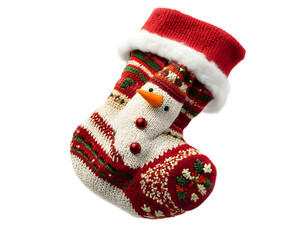 A festive Christmas stocking shaped like a snowman, adorned with vibrant colors and patterns, perfect for holiday decorations and gift-giving.