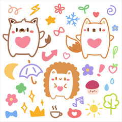  A collection of cute animal doodle stickers featuring kawaii style characters like a boar, fox, and hedgehog, surrounded by hearts, flowers, and fun symbols.