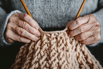 Elderly person’s hands knitting or crocheting – A close-up of hands skilfully working on yarn, creating a cozy handmade project