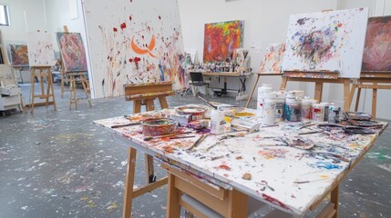 Bustling atelier, kaleidoscope of easels, student and sage mentor fused in artistic symbiosis, brushstrokes weaving stories, canvas alive with possibility, sunlight streaming through paint-spattered