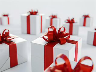 White background, red ribbon wrapped around white gift boxes