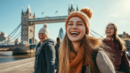 Young friends laughing and having fun in the city, with the Tower Bridge visible behind them
