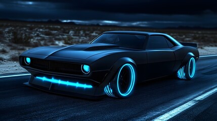 Fototapeta premium 9. A muscle car in matte black with glowing neon underlights and aggressive front grilles, cruising down a deserted highway at night, surrounded by an empty desert landscape