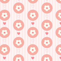 Kawaii flower and heart pattern for fabric and wallpaper. Cute pattern features cute floral designs with hearts on a pastel pink striped background.