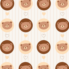 A kawaii pattern featuring cute bear faces and heart accents in a neutral color scheme. Kawaii bear head pattern with love elements on beige background.