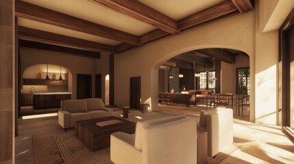 Inviting Spanish Living Area with Plush Textiles, Modern Furniture, and Wooden Beams | Ideal for Family Gatherings and Relaxation