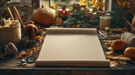 Fototapeta premium An empty scene featuring blank mockup template on a table of Thanksgiving crafting supplies like autumn-colored ribbons and burlap, 