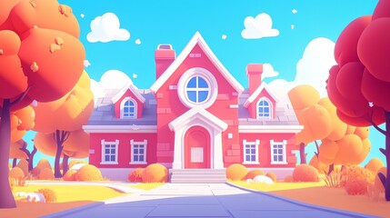 whimsical scarlet schoolhouse grinning with anticipation, cartoon windows winking playfully, exaggerated proportions defying gravity, street buzzing with animated excitement, education facade