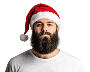 A cheerful man with a full beard, wearing a festive red Christmas hat, poses against a white background, capturing the holiday spirit with joy and warmth.