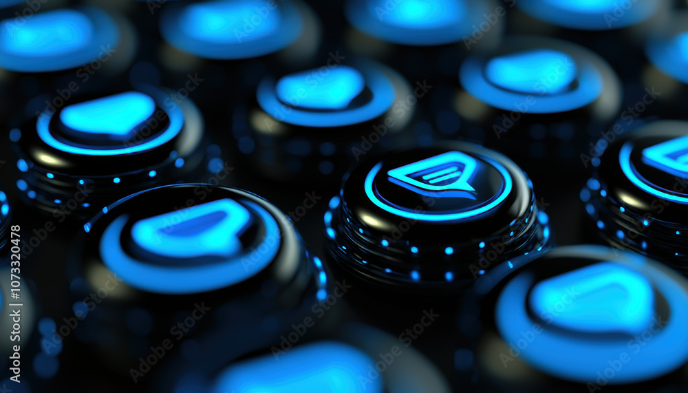 Poster a close-up of glowing blue keyboard keys, featuring a modern design, creating a futuristic and vibra