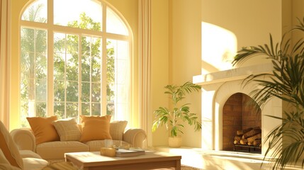 Obraz premium Exquisite Spanish-Inspired Living Room with Cozy Fireplace and Contemporary Decor | Captivating Fusion of Traditional and Modern Elements in Stylish Interior