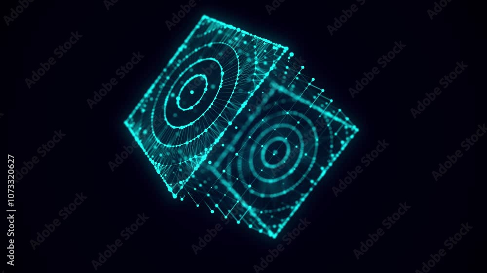 Fototapete Abstract blue cube with connecting dots and lines. Big data visualization. Blockchain technology concept. Wireframe network connection structure with circle. 3d rendering.