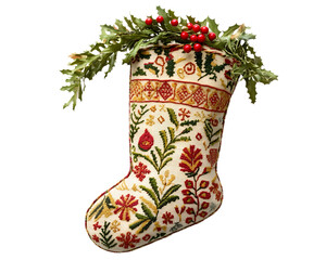 A beautifully designed Christmas stocking adorned with floral patterns and greenery, perfect for festive decor and holiday celebrations on a white isolated background.