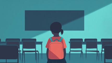 somber classroom tableau: solitary african american girl, eyes downcast, oversized backpack weighing heavily, surrounded by a ghostly sea of empty desks chalkboard shadows loom, embodying childhood