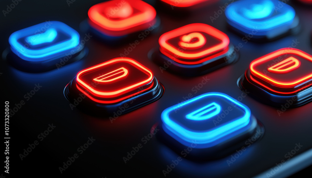 Poster a close-up of illuminated buttons in red and blue, showcasing a sleek design commonly found on moder