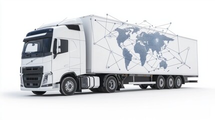 White semi trailer truck with trade connections overlay, showing logistics routes, isolated on white