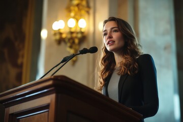 A woman standing confidently at a podium, advocating for gender equality and women's rights