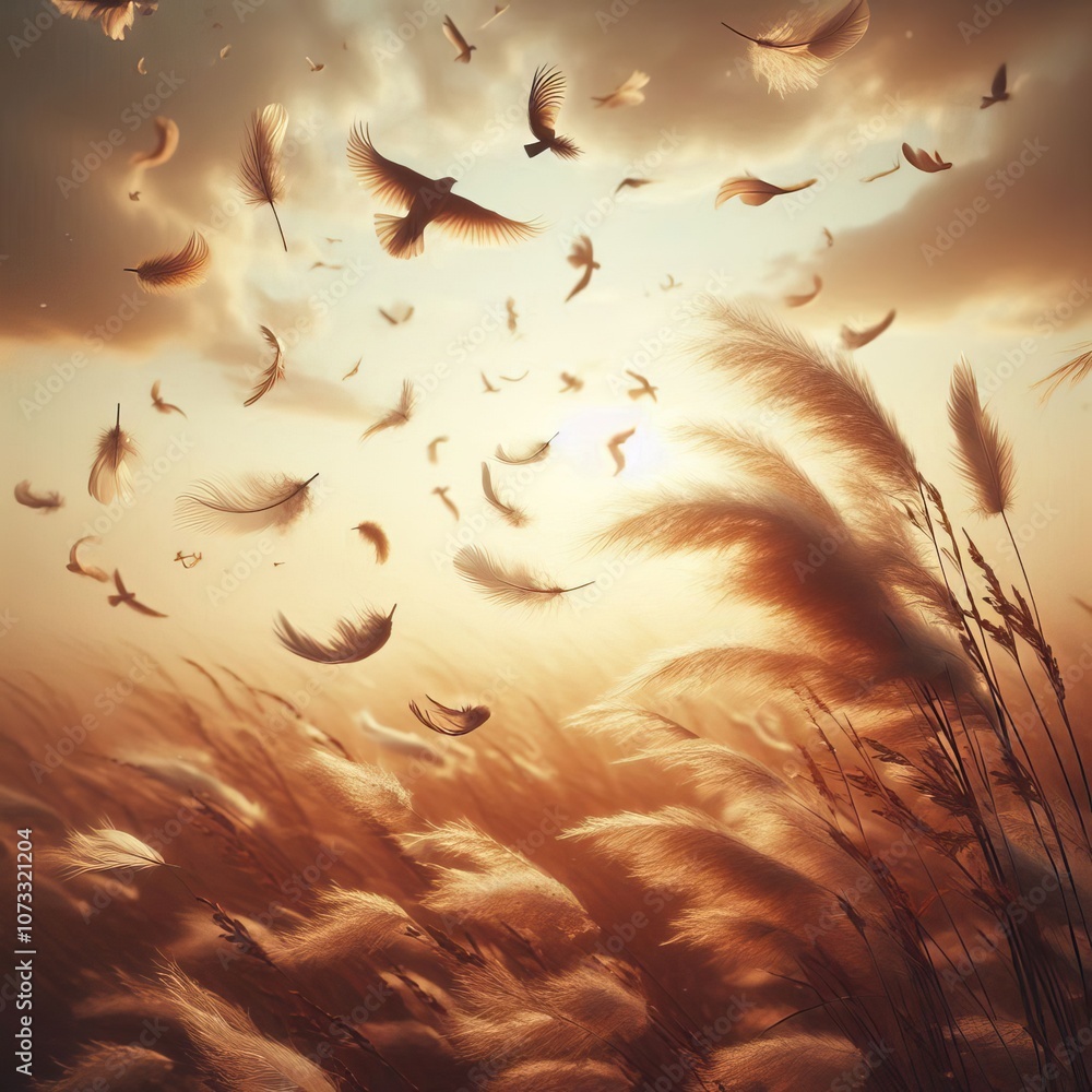 Poster feathers floating in the wind a cluster of feathers floats gentl