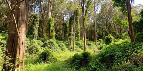 Fototapeta premium Lush Green Forest with Sunlight Filtering Through