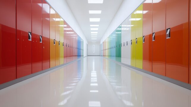 polished linoleum stretches to vanishing point, lockers like colorful sentinels distant glass doors beckon toward future emptiness pregnant with anticipation, education's liminal space captured