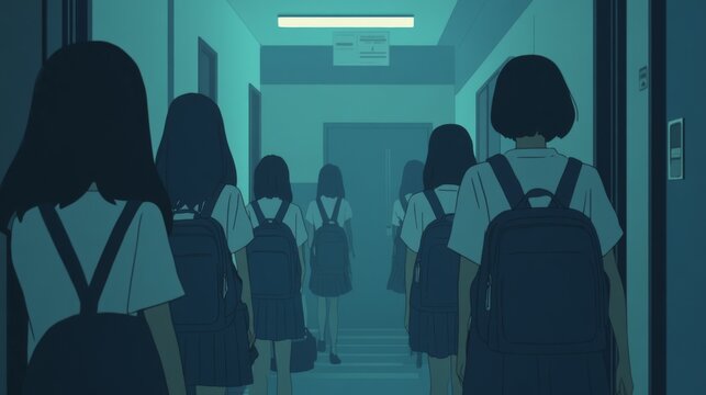 huddle of animated schoolgirls, heads bent in conspiratorial whispers laughter bubbles, backpacks slung casually hallway becomes impromptu stage, showcasing intricate dynamics of adolescent tribes