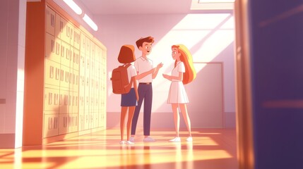 sun-dappled hallway frames animated trio - empathetic teacher gesturing warmly, attentive high schooler absorbing guidance, supportive mother beaming school lockers form vibrant backdrop to this