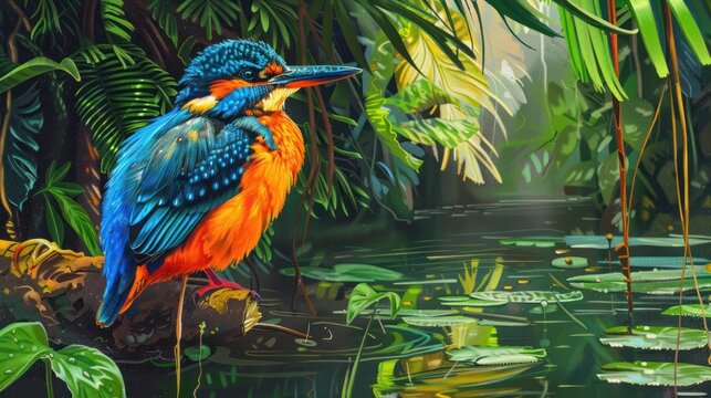 A vibrant blue and yellow bird perches by the river, its colorful feathers shining under the sunlight. It gazes over the water, blending naturally into the serene riverside scene.