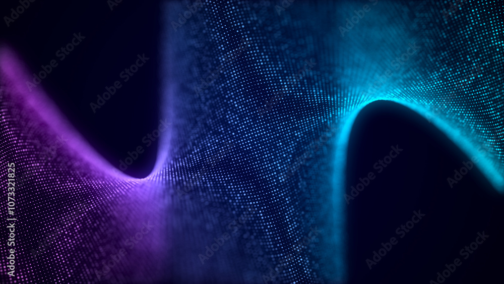 Aufkleber Music wave of particles. Big data visualization. Abstract blue background with a dynamic wave. 3d rendering.