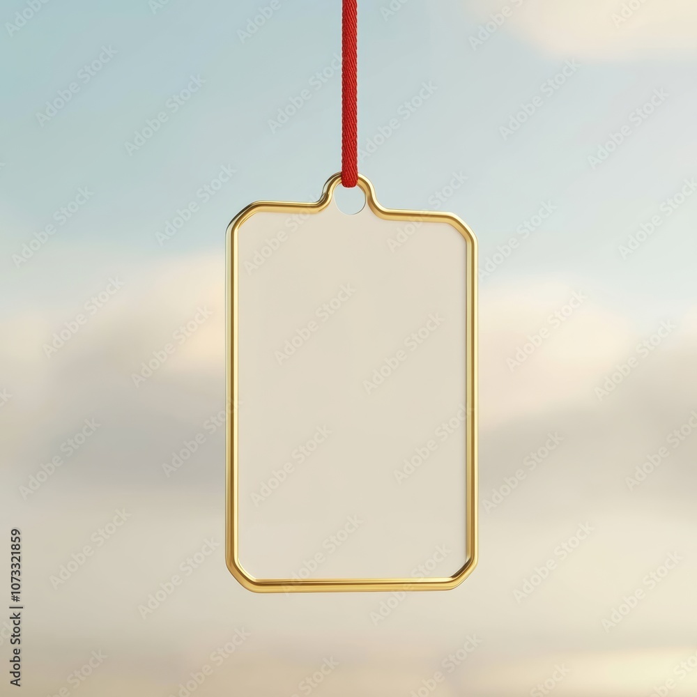Poster blank discount tag with a golden frame, suspended by a red string, isolated on a soft background