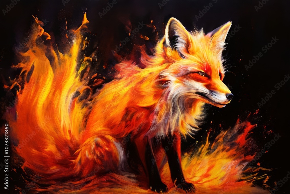 Poster foxs slyness a fox with its tail exploding into fiery red and or