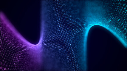 Music wave of particles. Big data visualization. Abstract blue background with a dynamic wave. 3d rendering.