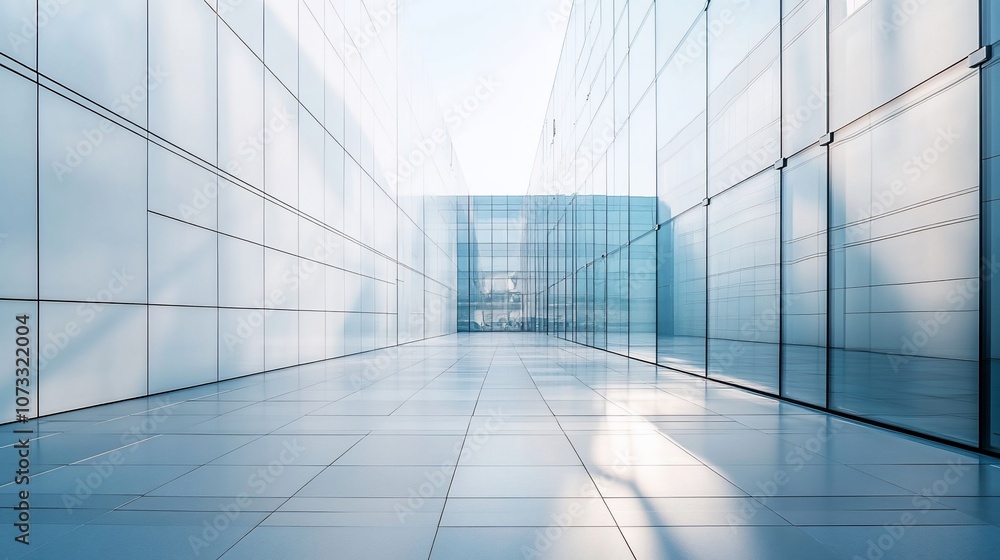 Poster a modern office building with a glass facade and a tiled floor. the sun is shining through the windo