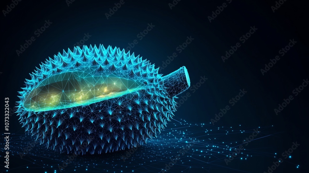 Poster abstract durian design on dark blue background, with low poly wireframe lines and glowing particles 
