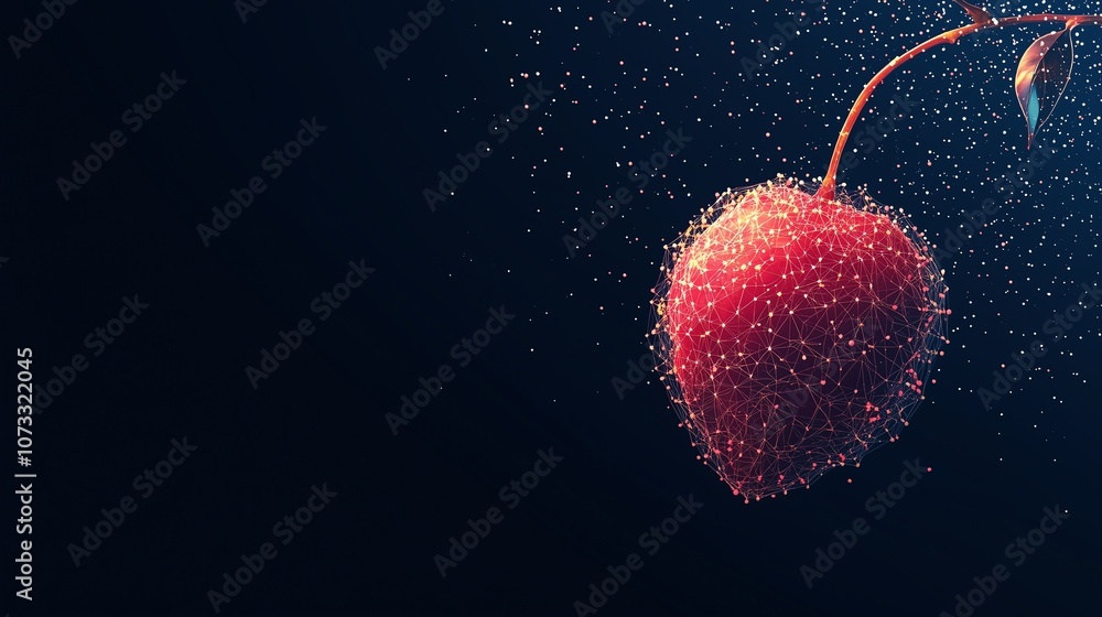Poster abstract lychee design featuring low poly wireframe and glowing particles, set on a dark blue backgr