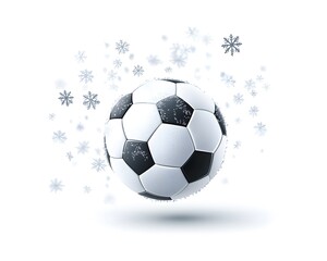 Fototapeta premium A classic black and white soccer ball floating against a white background, surrounded by falling snowflakes, capturing the essence of winter sports.