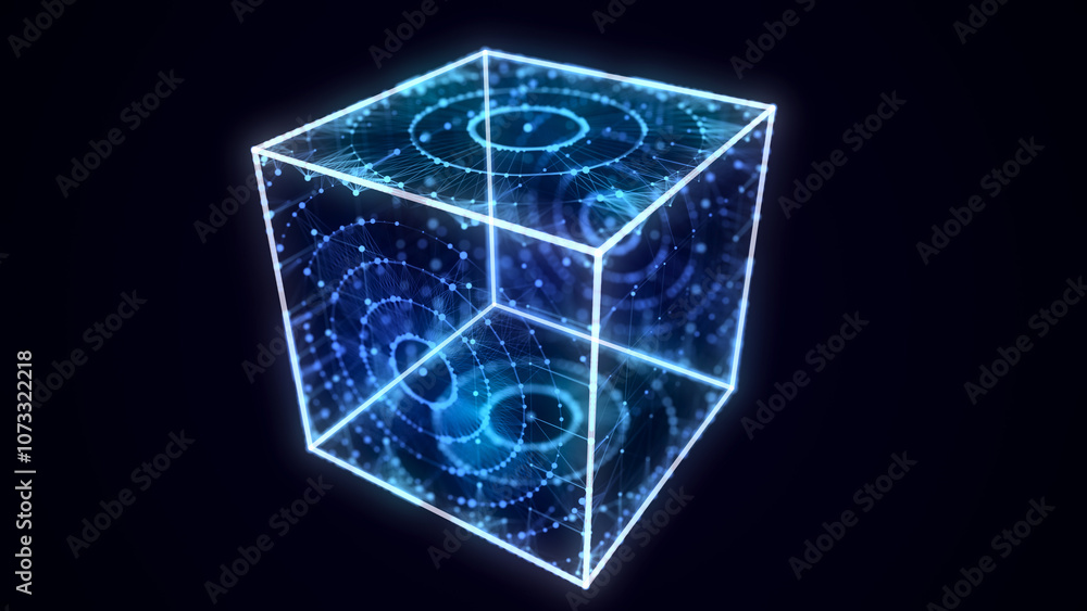 Aufkleber Abstract blue cube with connecting dots and lines. Big data visualization. Blockchain technology concept. Wireframe network connection structure with circle. 3d rendering.