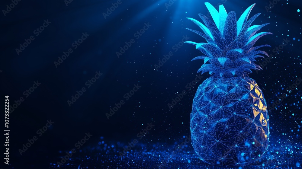 Poster abstract pineapple in low poly wireframe style on dark blue background, featuring glowing particles 