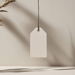 Classic vintage price tag with a minimal blank design, suspended by a thin cord in a studio setting