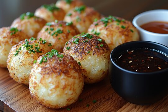 Crispy hash brown balls served with spicy dipping sauces. Generative AI